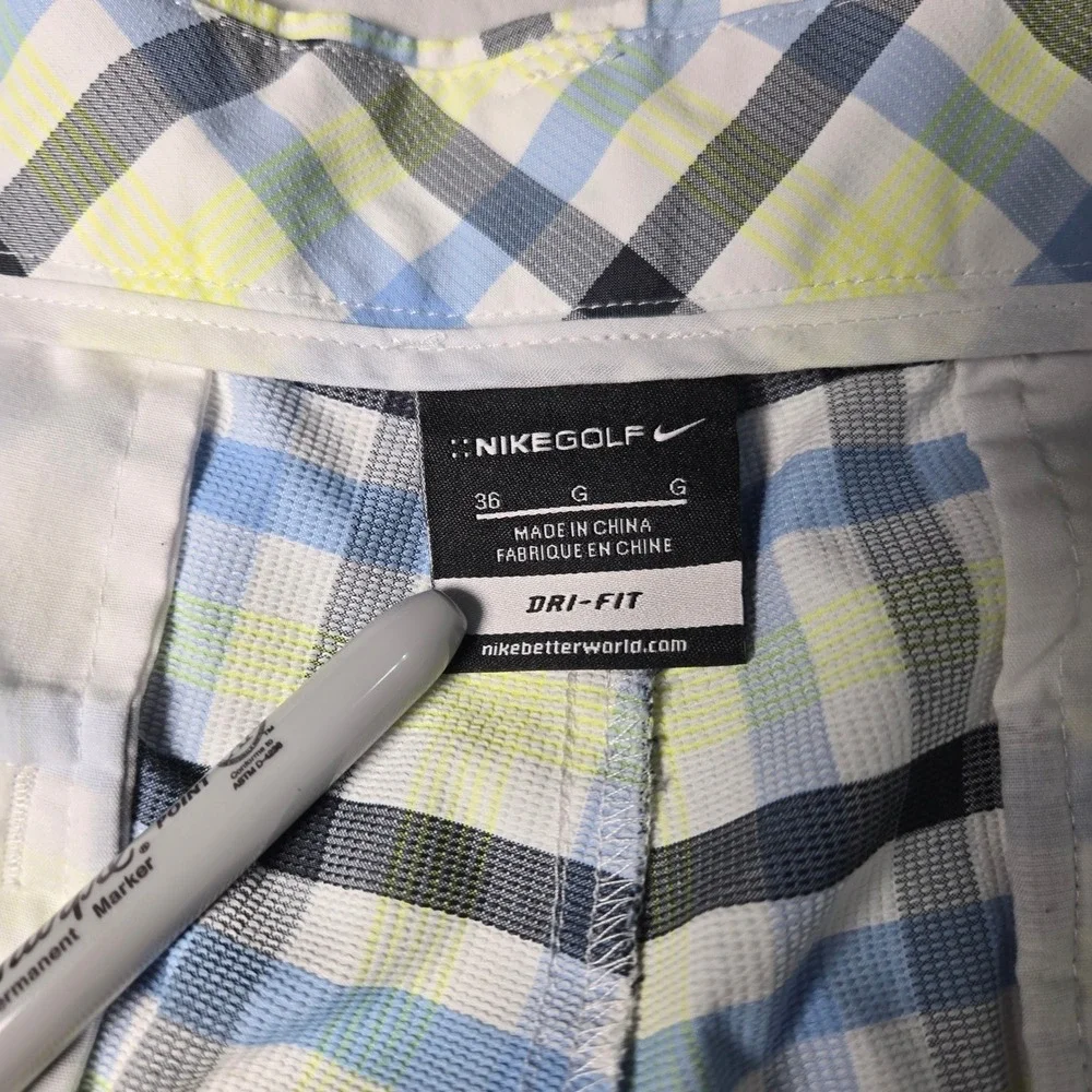 Nike Golf Dri-FIT‎ Plaid Shorts Mens 36 Blue Lime Green White Black Checkered